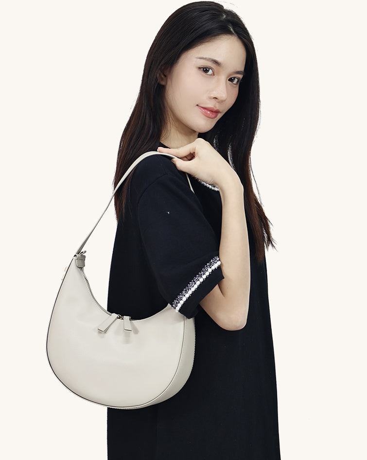 L-0009 Black Crescent Leather Hobo Bag with Gold Zippers