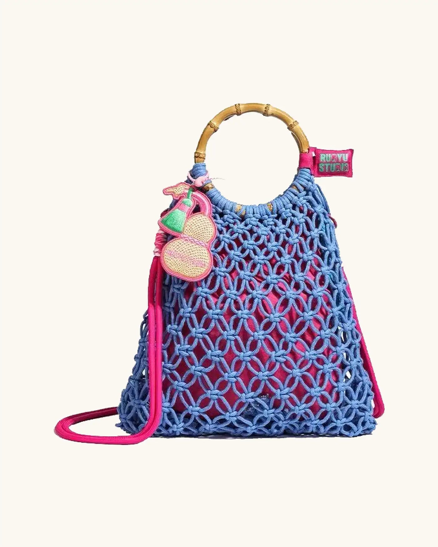 L-0026 Bohemian Macrame Bucket Bag with Bamboo Handle