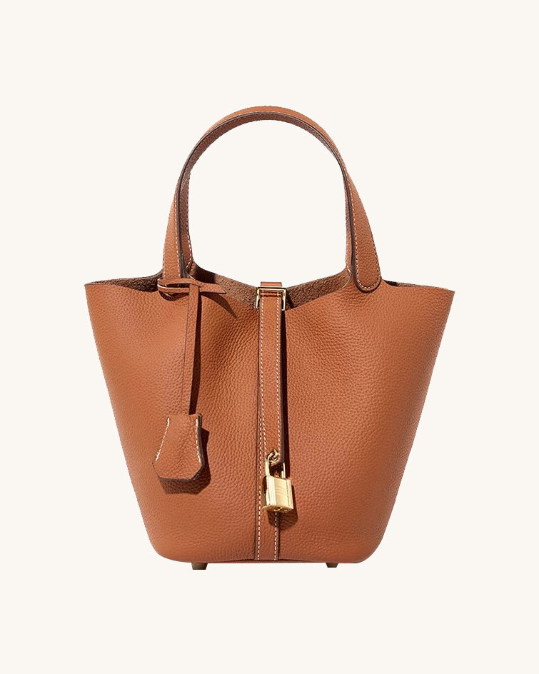 L-0012  Tan Textured Leather Tote Bag with Lock Detail