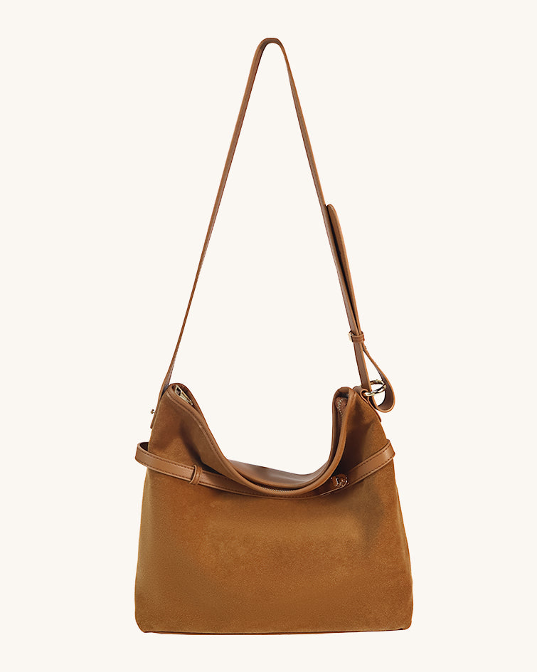 L-0008 Tan Suede & Leather Crossbody Hobo Bag