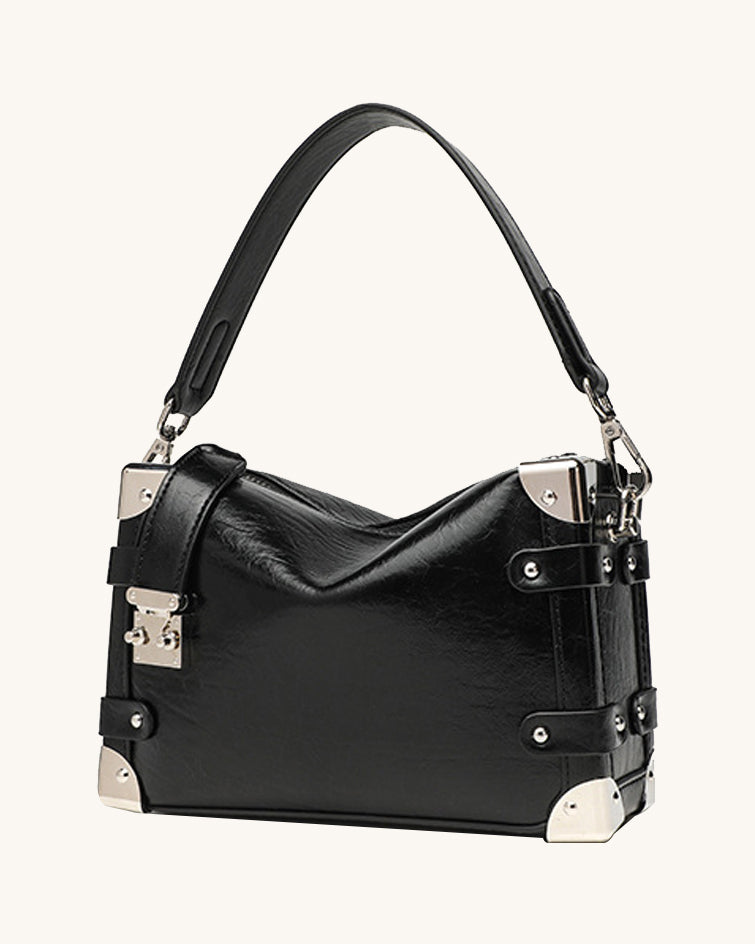 L-0013  Edgy Black Leather Hobo Bag with Metal Accents
