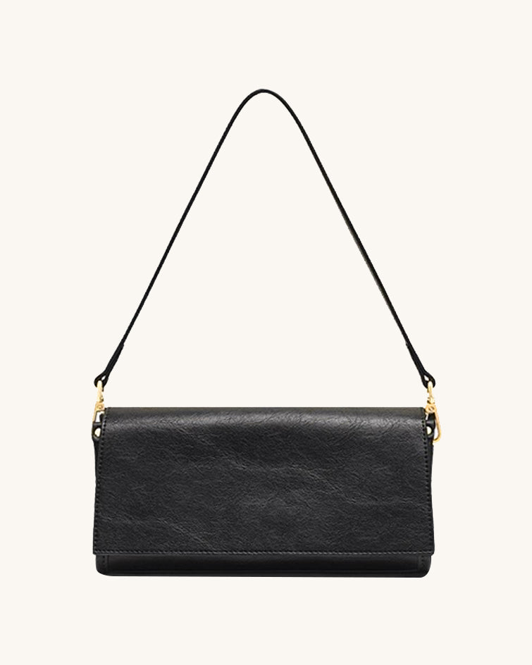 L-0014  Black Leather Shoulder Bag with Gold Accents