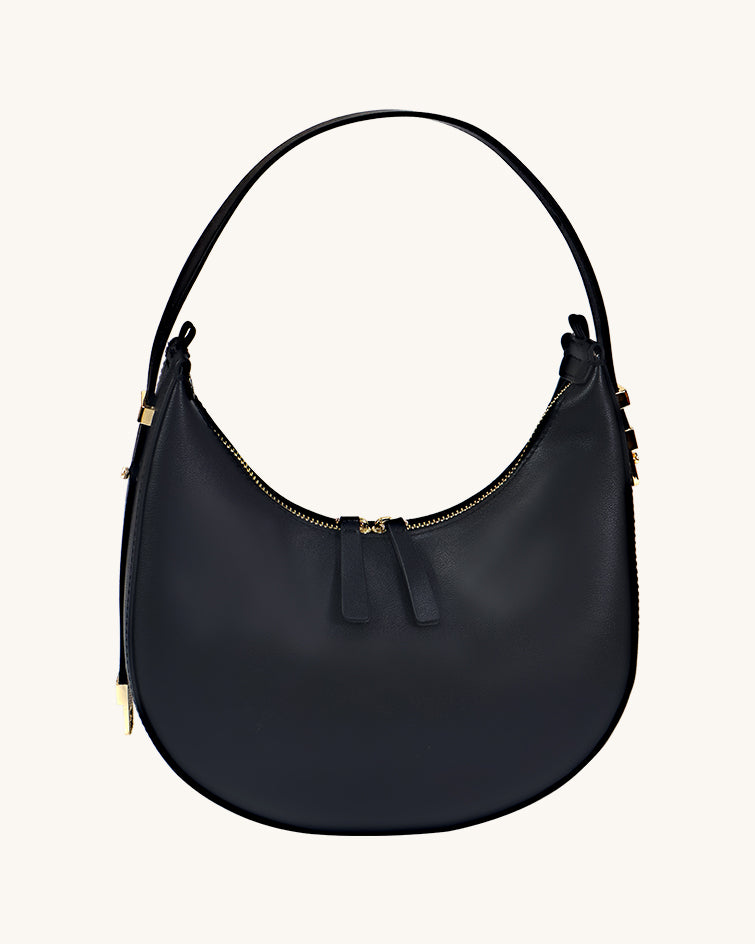 L-0009 Black Crescent Leather Hobo Bag with Gold Zippers