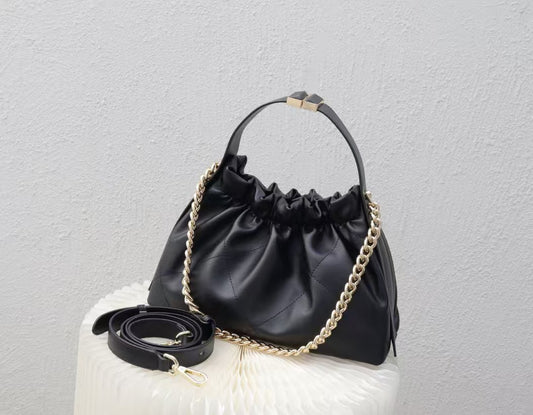 Chic Leather Ruched Bucket Bag with Gold Chain Detail RM0003