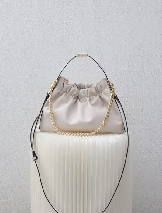 Chic Leather Ruched Bucket Bag with Gold Chain Detail RM0003