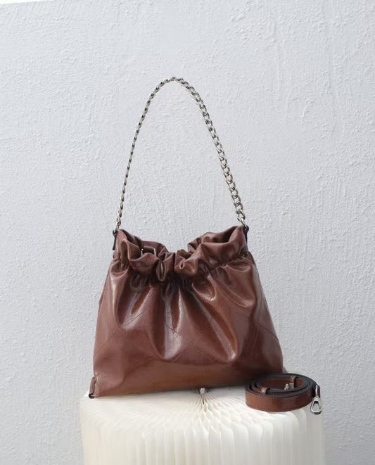 Chic Leather Drawstring Bucket Bag with Chain Strap RM0001