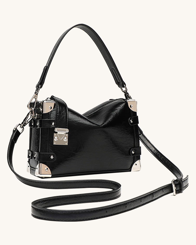 L-0013  Edgy Black Leather Hobo Bag with Metal Accents