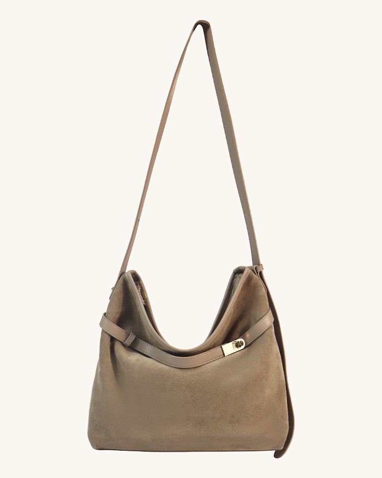 L-0008 Tan Suede & Leather Crossbody Hobo Bag