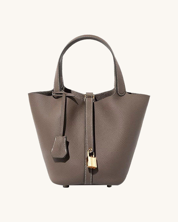 L-0012  Tan Textured Leather Tote Bag with Lock Detail
