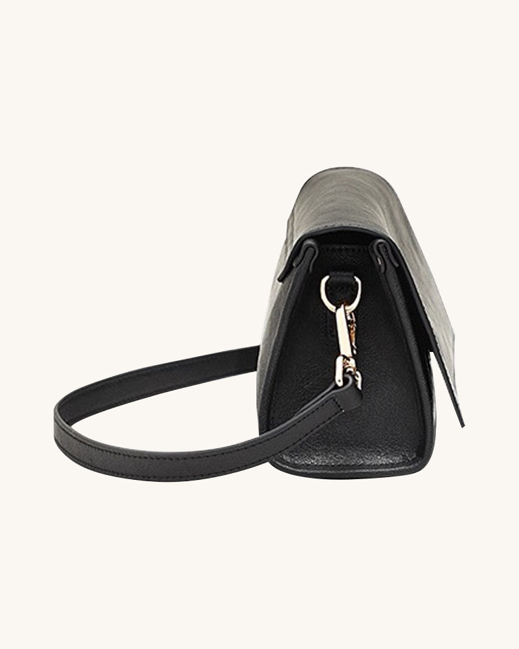 L-0014  Black Leather Shoulder Bag with Gold Accents
