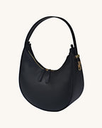 L-0009 Black Crescent Leather Hobo Bag with Gold Zippers