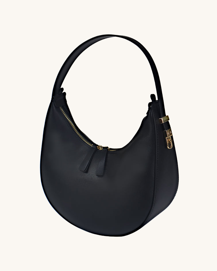 L-0009 Black Crescent Leather Hobo Bag with Gold Zippers