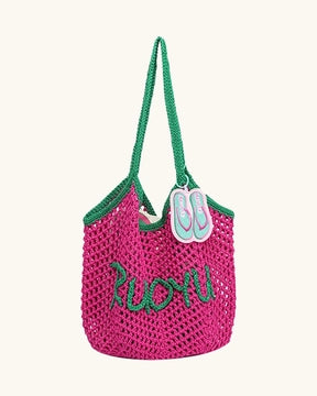 L-0027 Colorful Crochet Tote Bag with Flip Flop Charm Perfect for Beach & Summer Vibes
