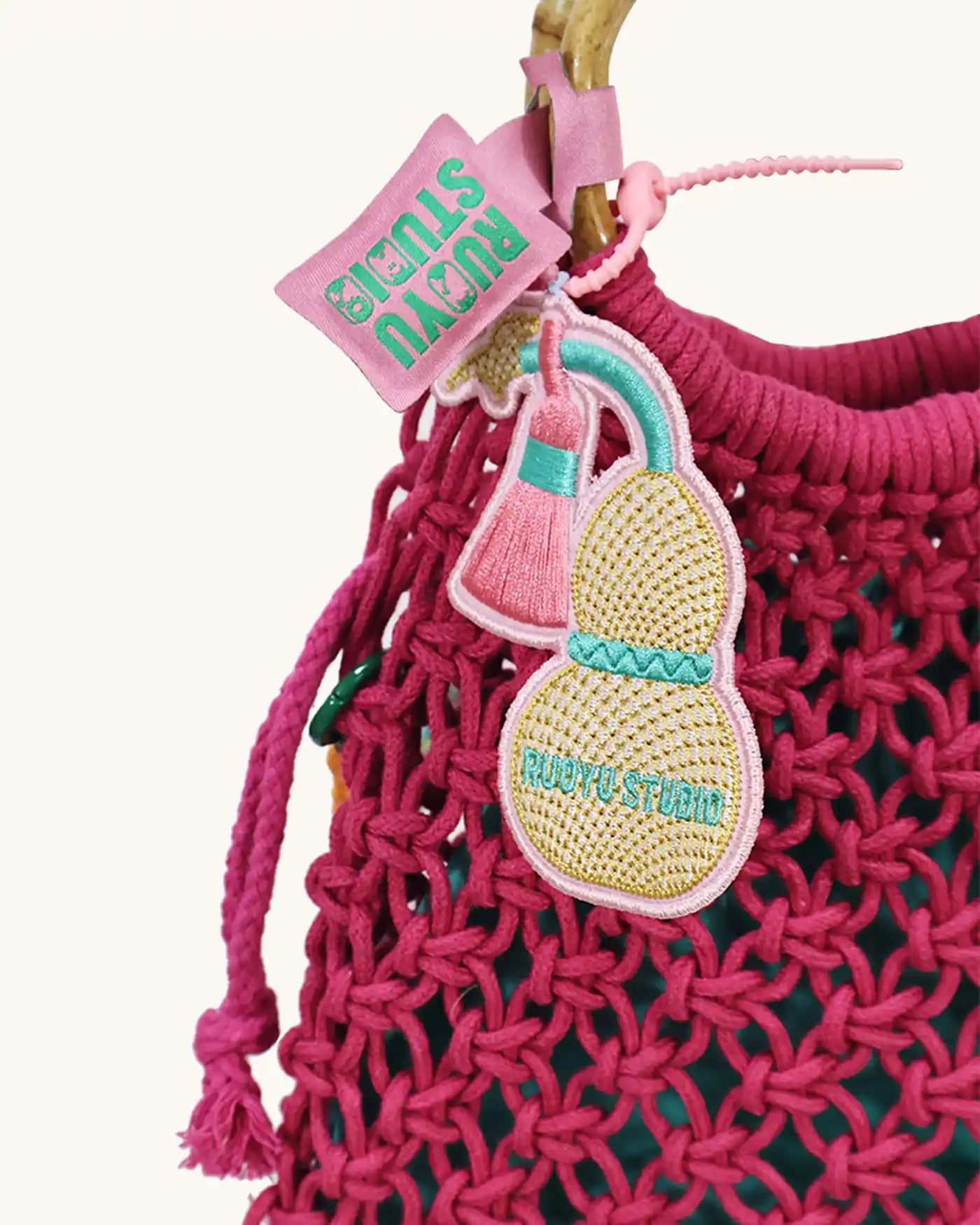 L-0026 Bohemian Macrame Bucket Bag with Bamboo Handle