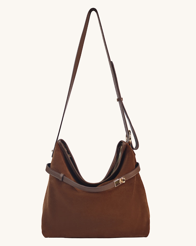 L-0008 Tan Suede & Leather Crossbody Hobo Bag