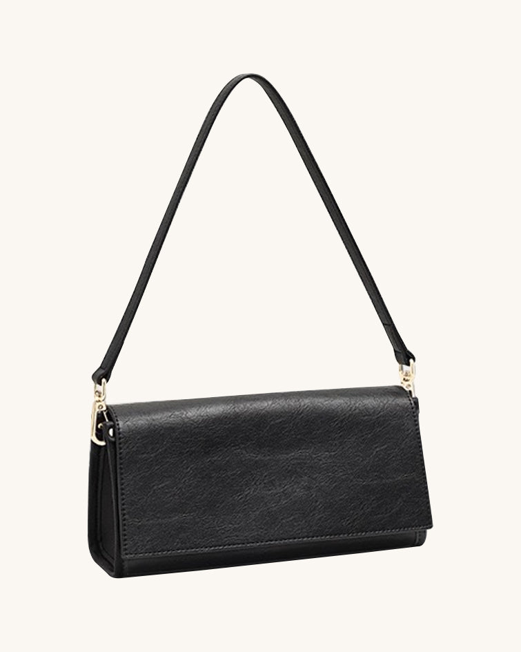L-0014  Black Leather Shoulder Bag with Gold Accents
