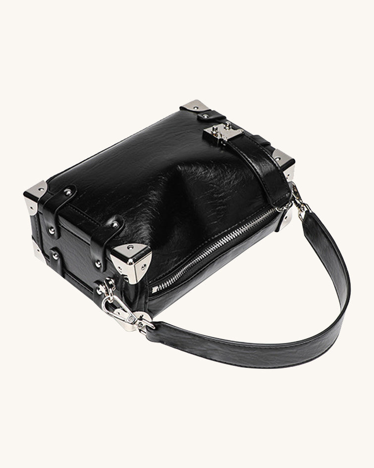 L-0013  Edgy Black Leather Hobo Bag with Metal Accents