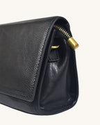 L-0014  Black Leather Shoulder Bag with Gold Accents