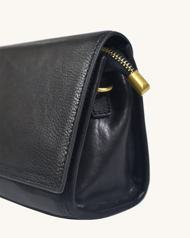 L-0014  Black Leather Shoulder Bag with Gold Accents