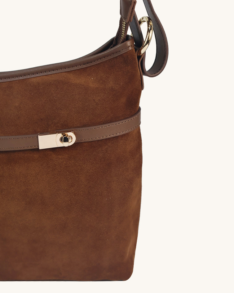 L-0008 Tan Suede & Leather Crossbody Hobo Bag