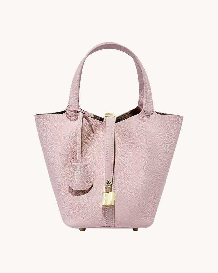L-0012  Tan Textured Leather Tote Bag with Lock Detail