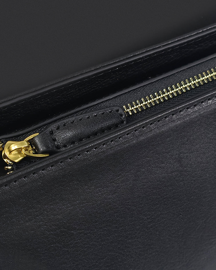 L-0014  Black Leather Shoulder Bag with Gold Accents