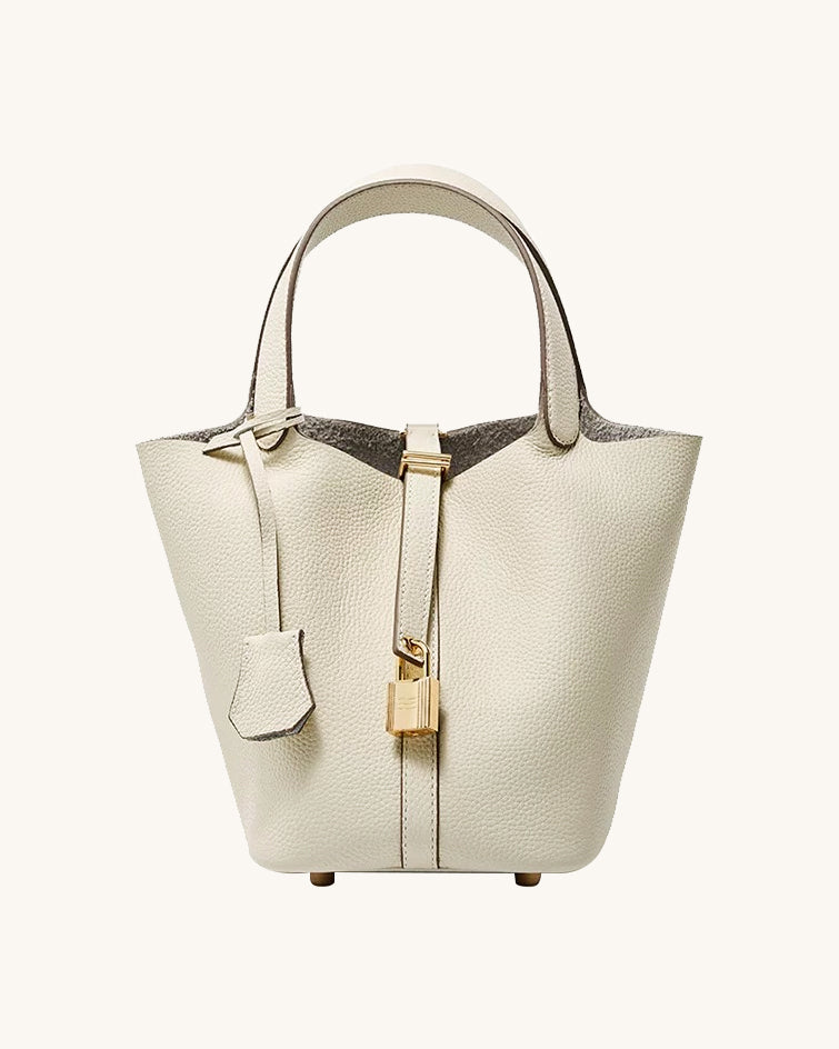 L-0012  Tan Textured Leather Tote Bag with Lock Detail