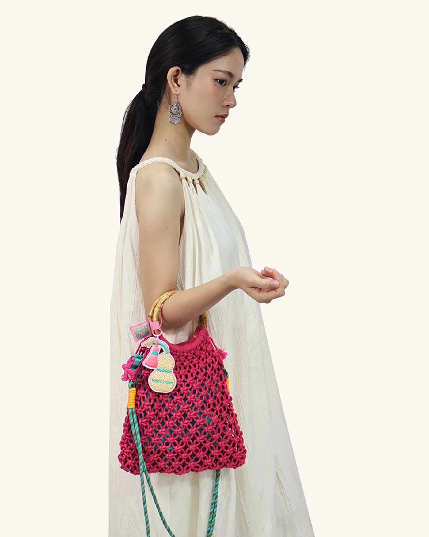 L-0026 Bohemian Macrame Bucket Bag with Bamboo Handle