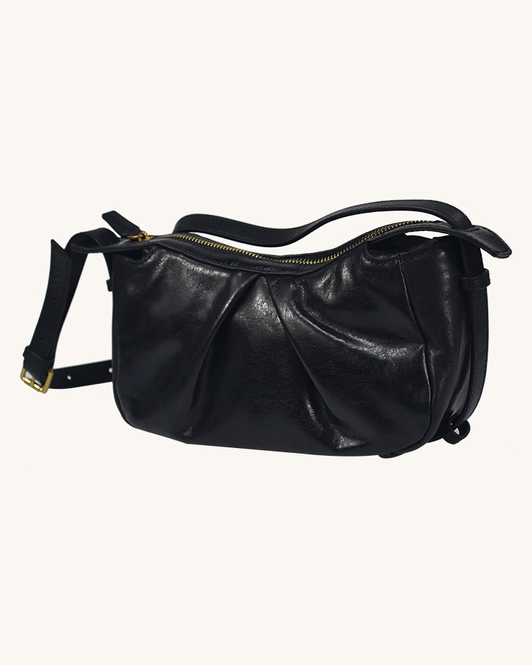 L-0016 Vintage-Inspired Black Leather Crossbody Bag