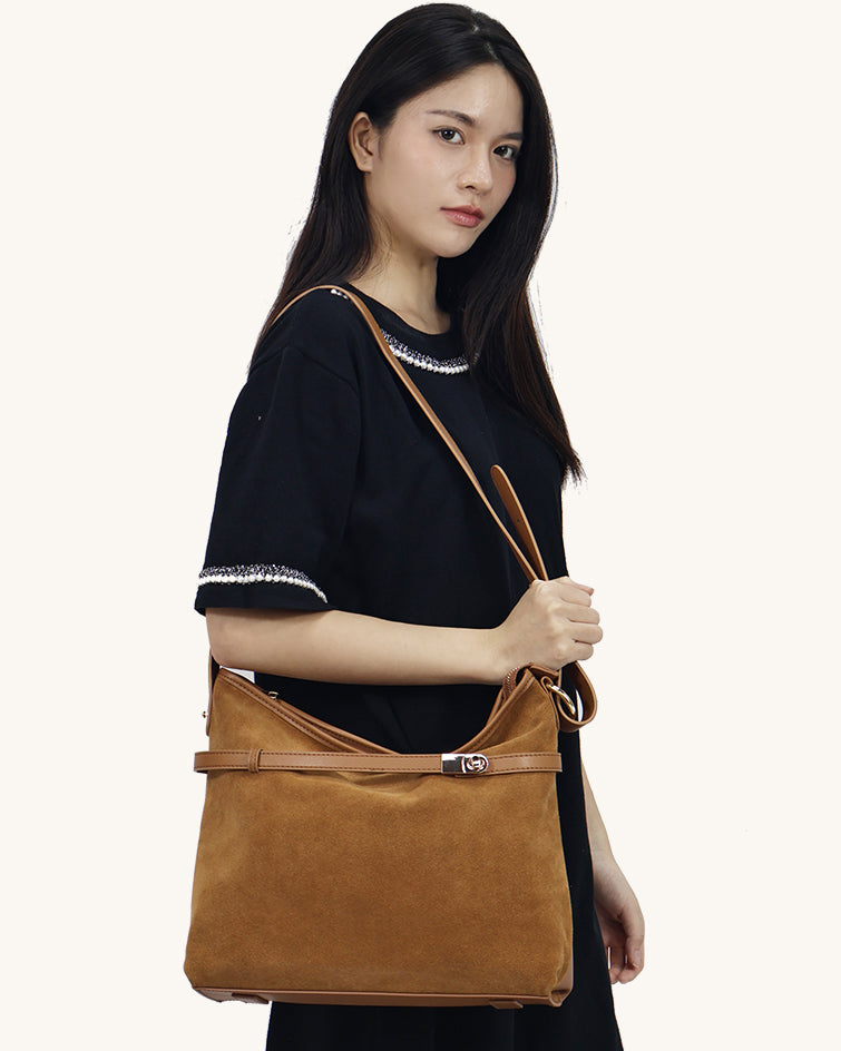 L-0008 Tan Suede & Leather Crossbody Hobo Bag