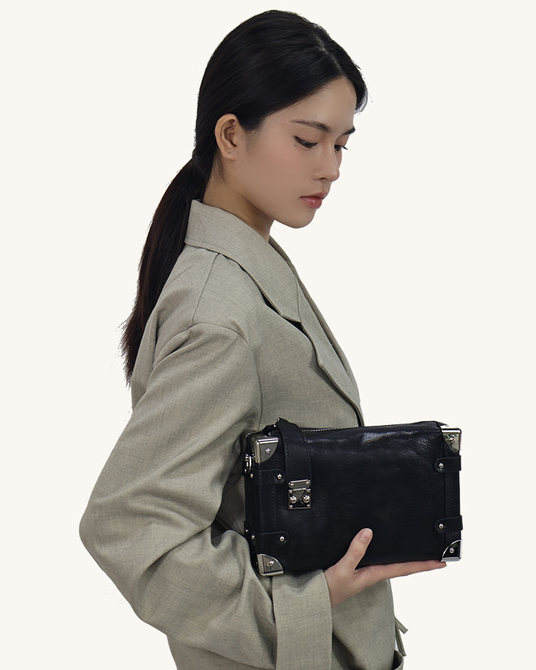 L-0013  Edgy Black Leather Hobo Bag with Metal Accents