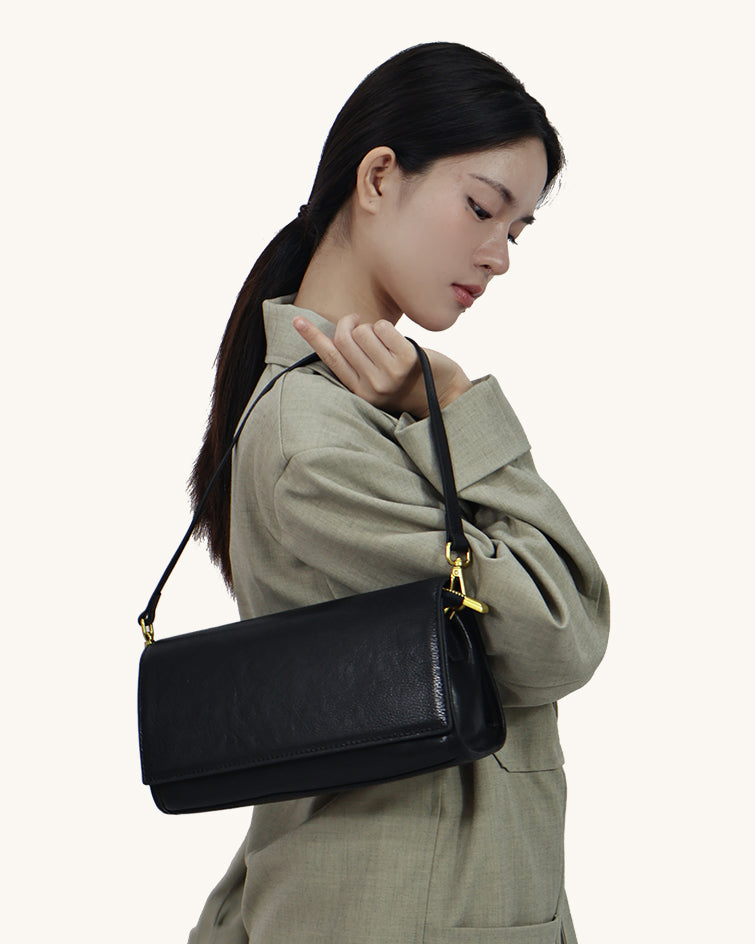 L-0014  Black Leather Shoulder Bag with Gold Accents