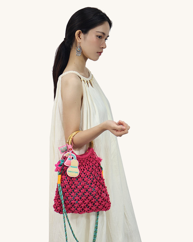 L-0026 Bohemian Macrame Bucket Bag with Bamboo Handle