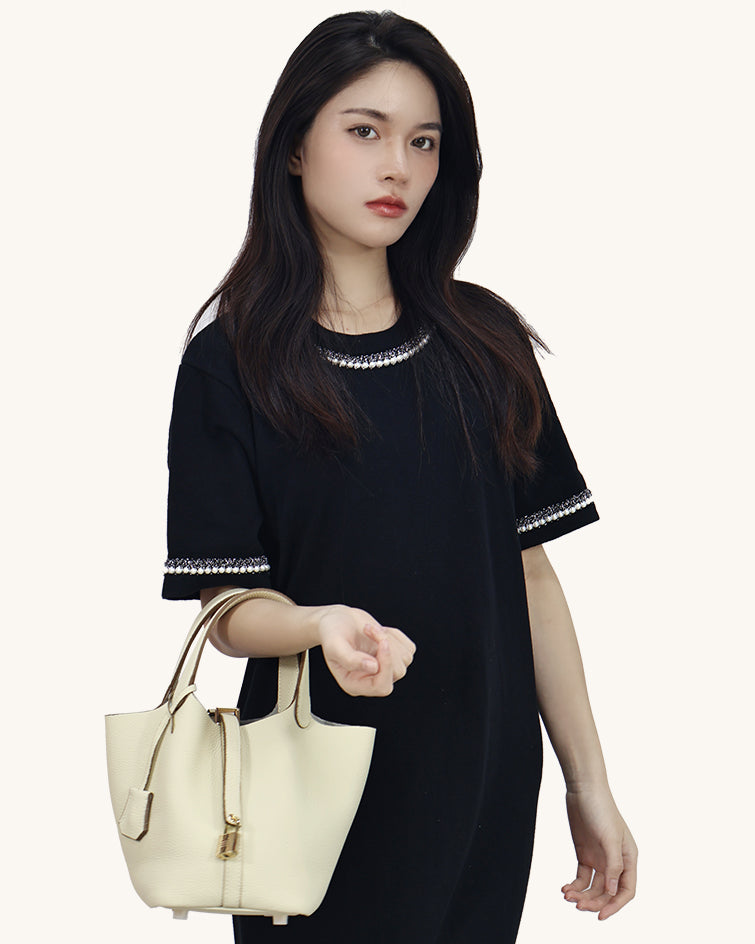 L-0012  Tan Textured Leather Tote Bag with Lock Detail