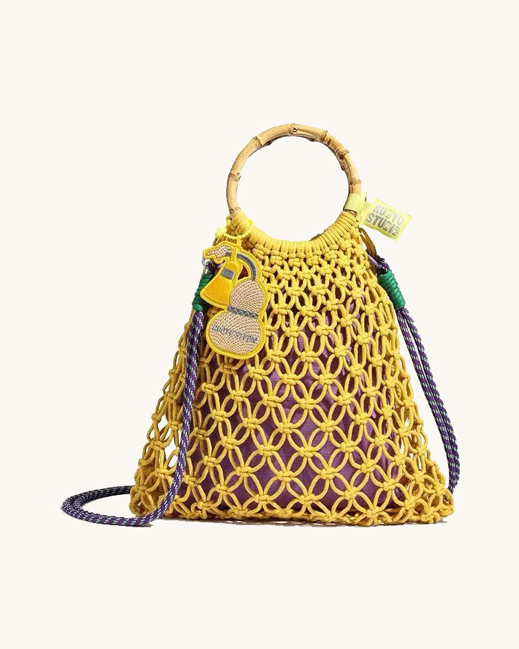 L-0026 Bohemian Macrame Bucket Bag with Bamboo Handle