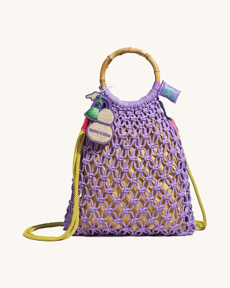 L-0026 Bohemian Macrame Bucket Bag with Bamboo Handle