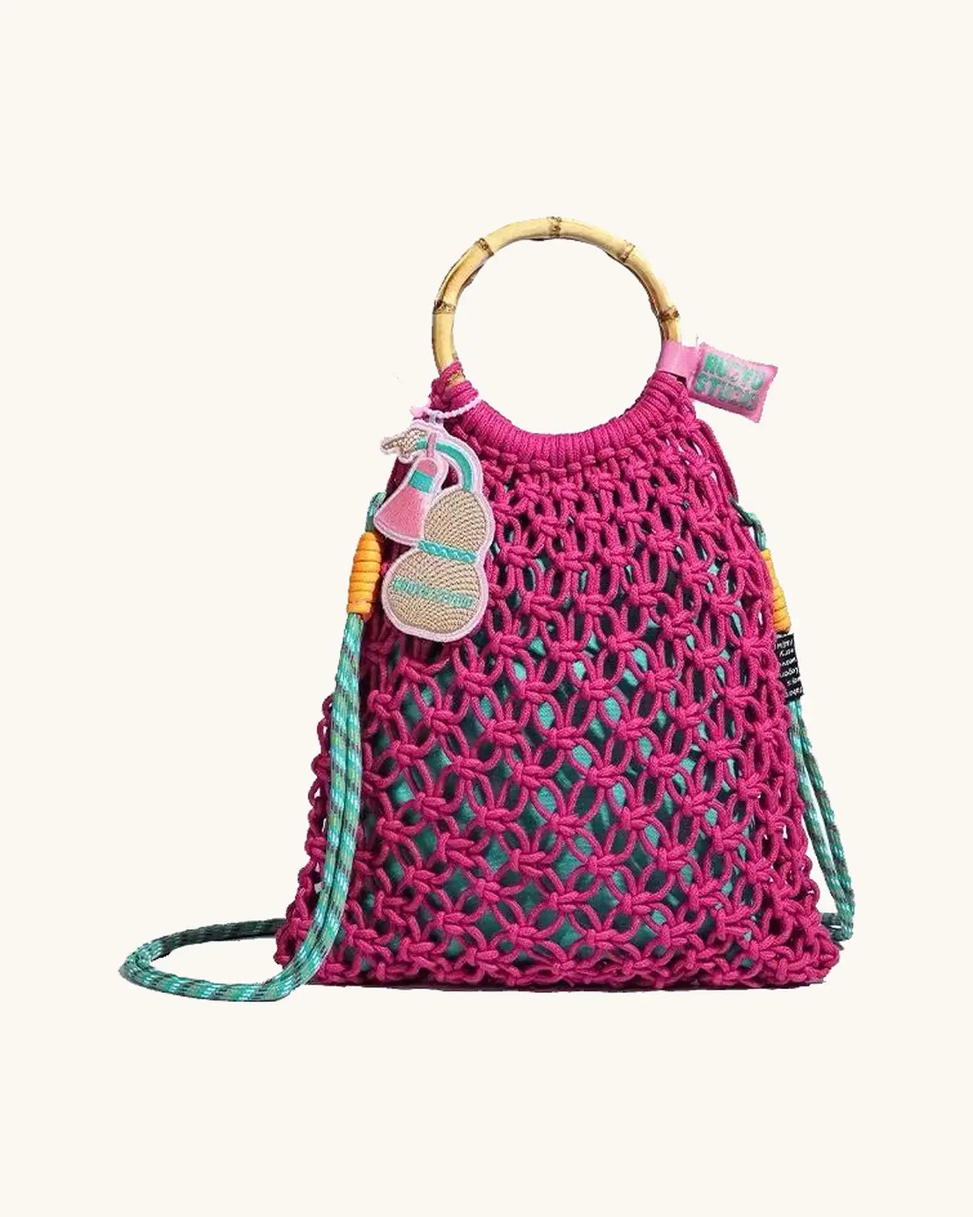 L-0026 Bohemian Macrame Bucket Bag with Bamboo Handle